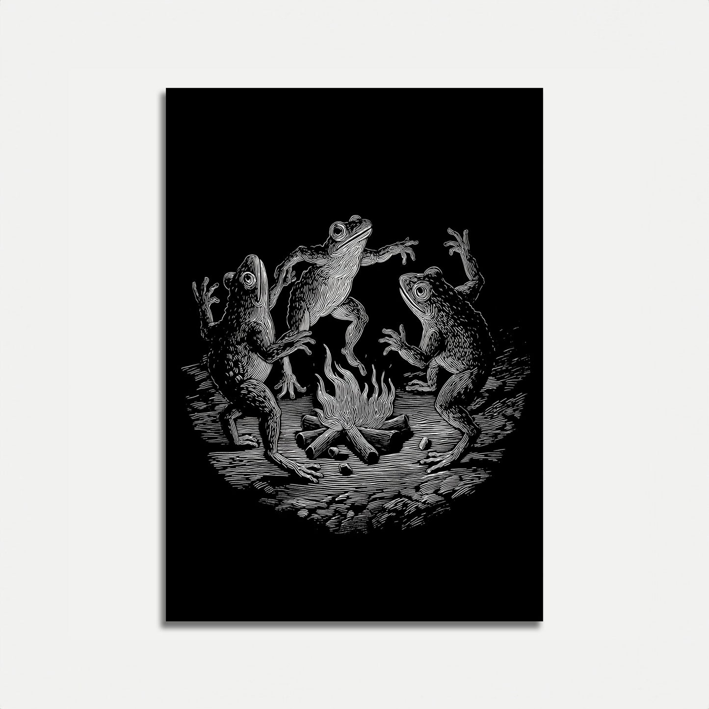 Kikkers die dansen rond een kampvuur poster