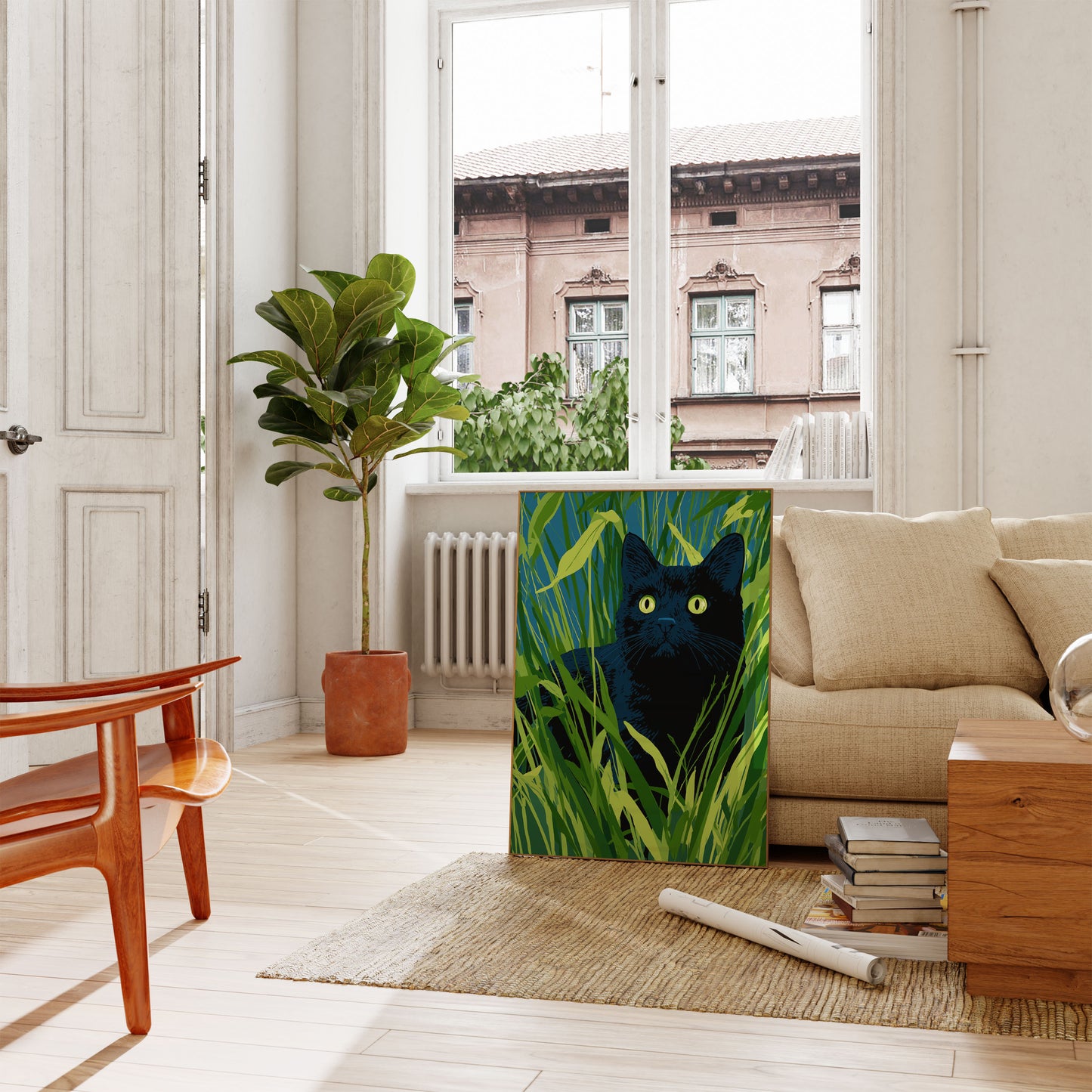 Black Cat in Tall Grass Poster