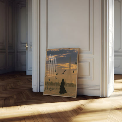 Solitäre Gestalt unter fliegenden Vögeln Poster