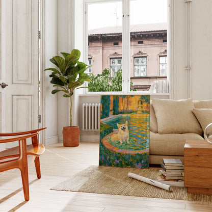 Affiche : Corgi heureux dans le jardin