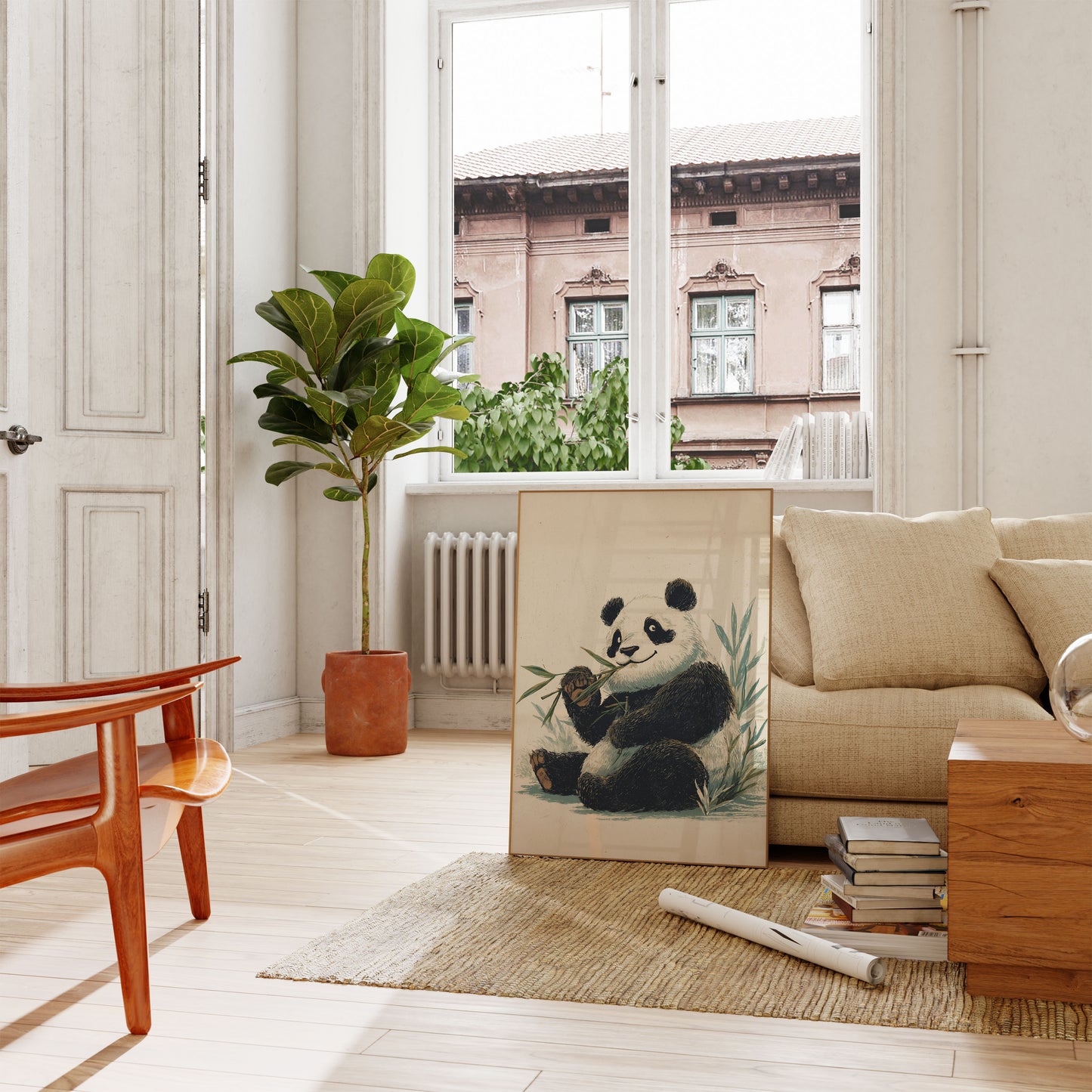 Póster artístico de un panda amante del bambú