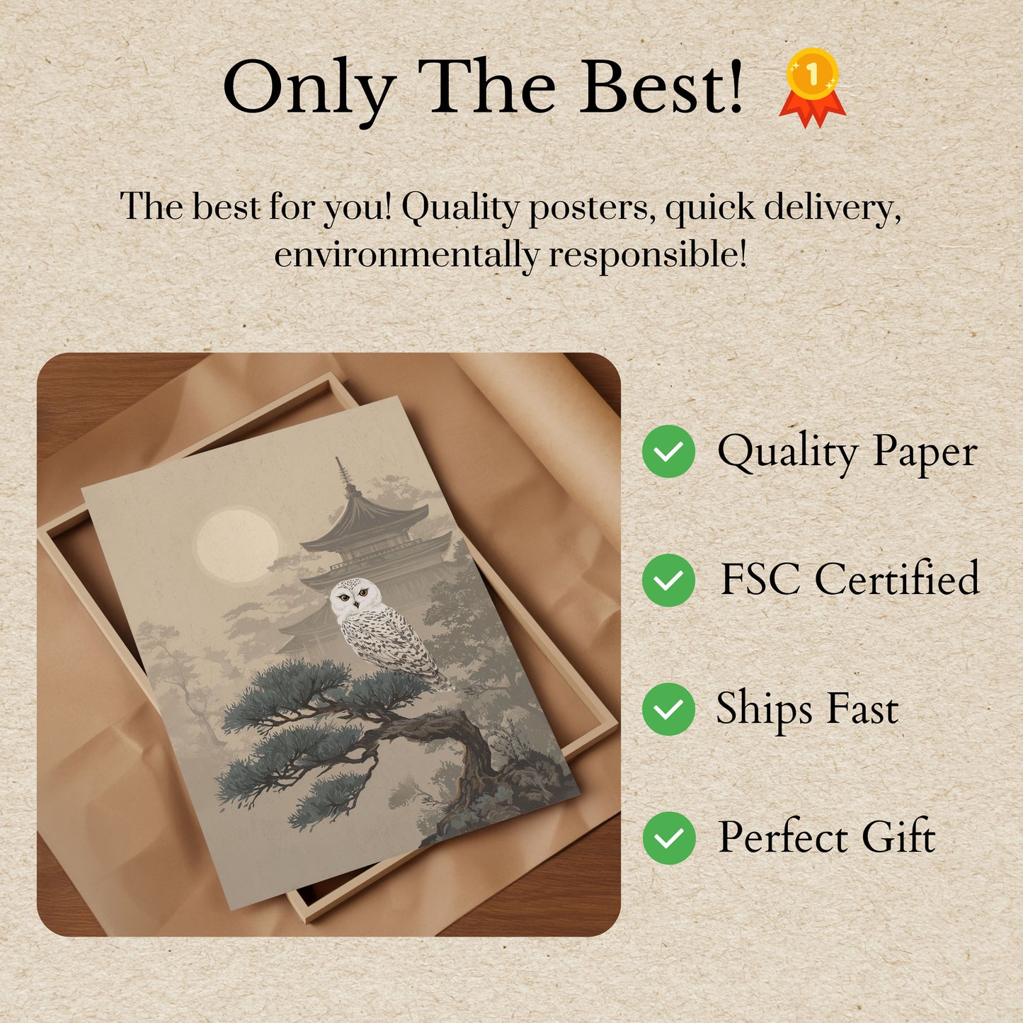 Affiche du Hibou des Neiges dans un Jardin Japonais