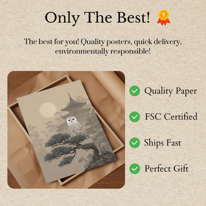 Affiche du Hibou des Neiges dans un Jardin Japonais