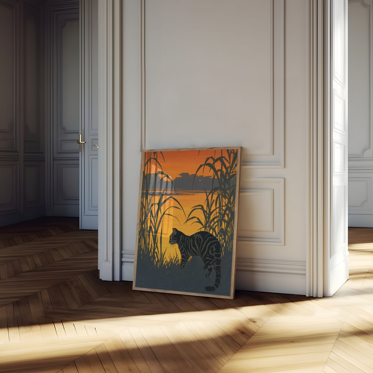 Striped Cat by the Reeds Poster
