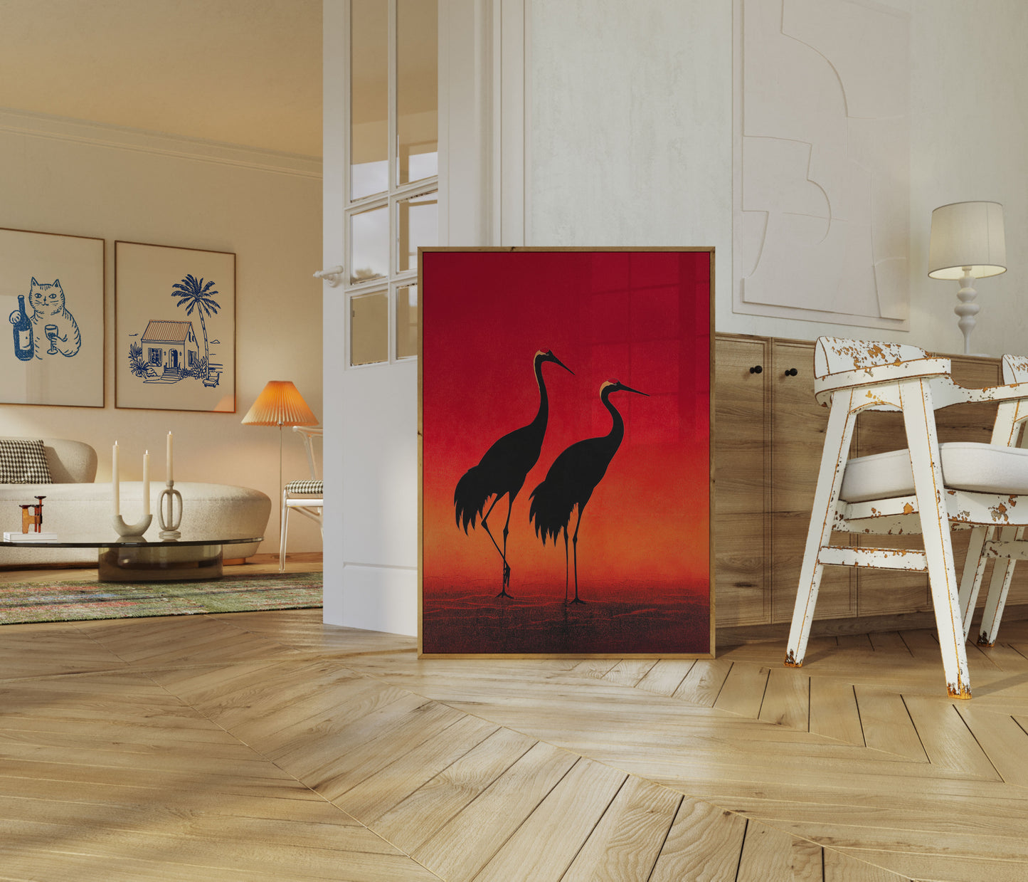 Affiche Grues au Coucher du Soleil