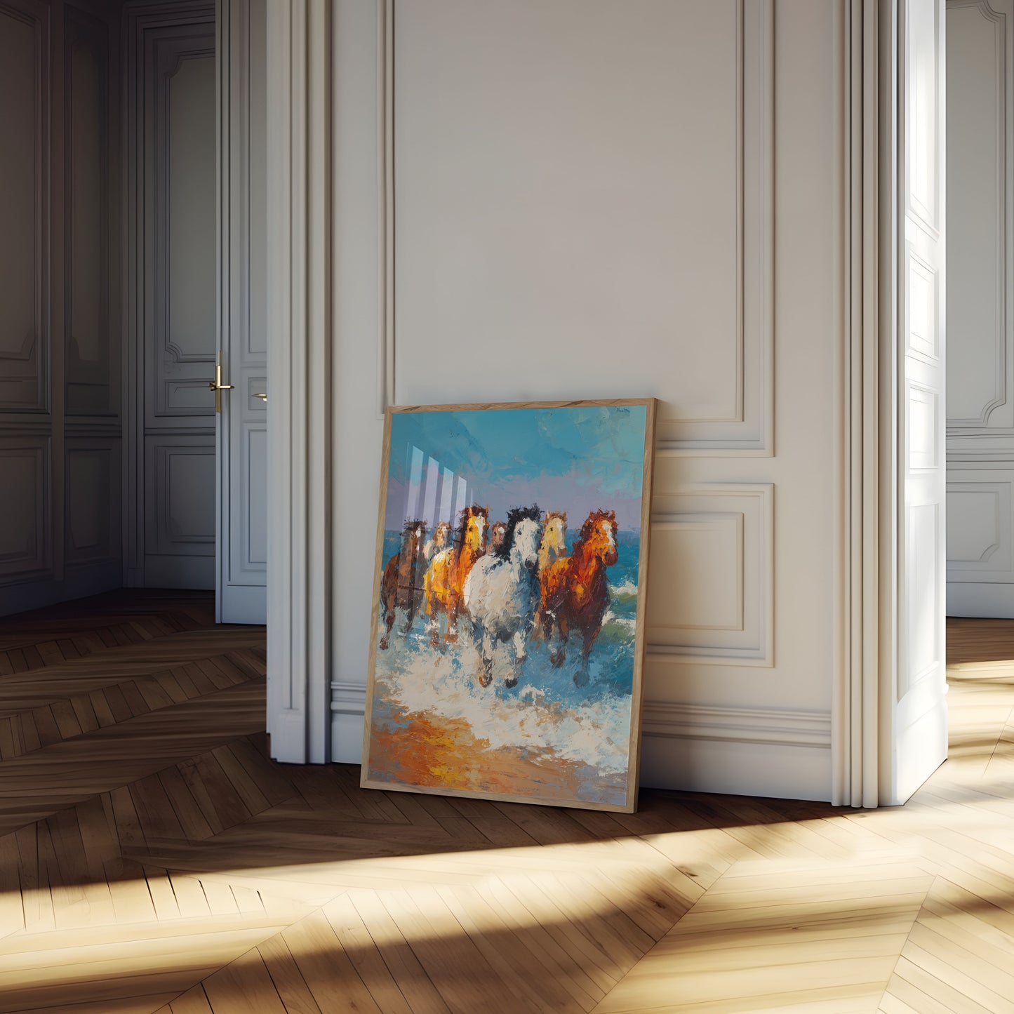 Hästar som springer genom oceanvågor affisch