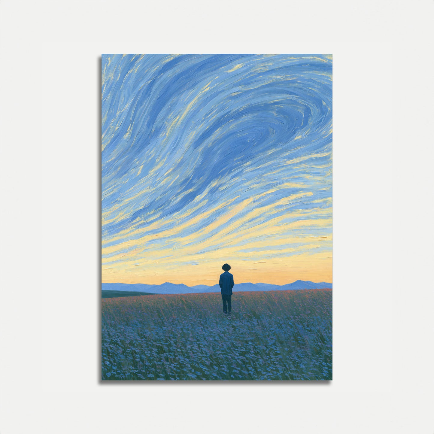 Figure solitaire sous un ciel tourbillonnant Affiche