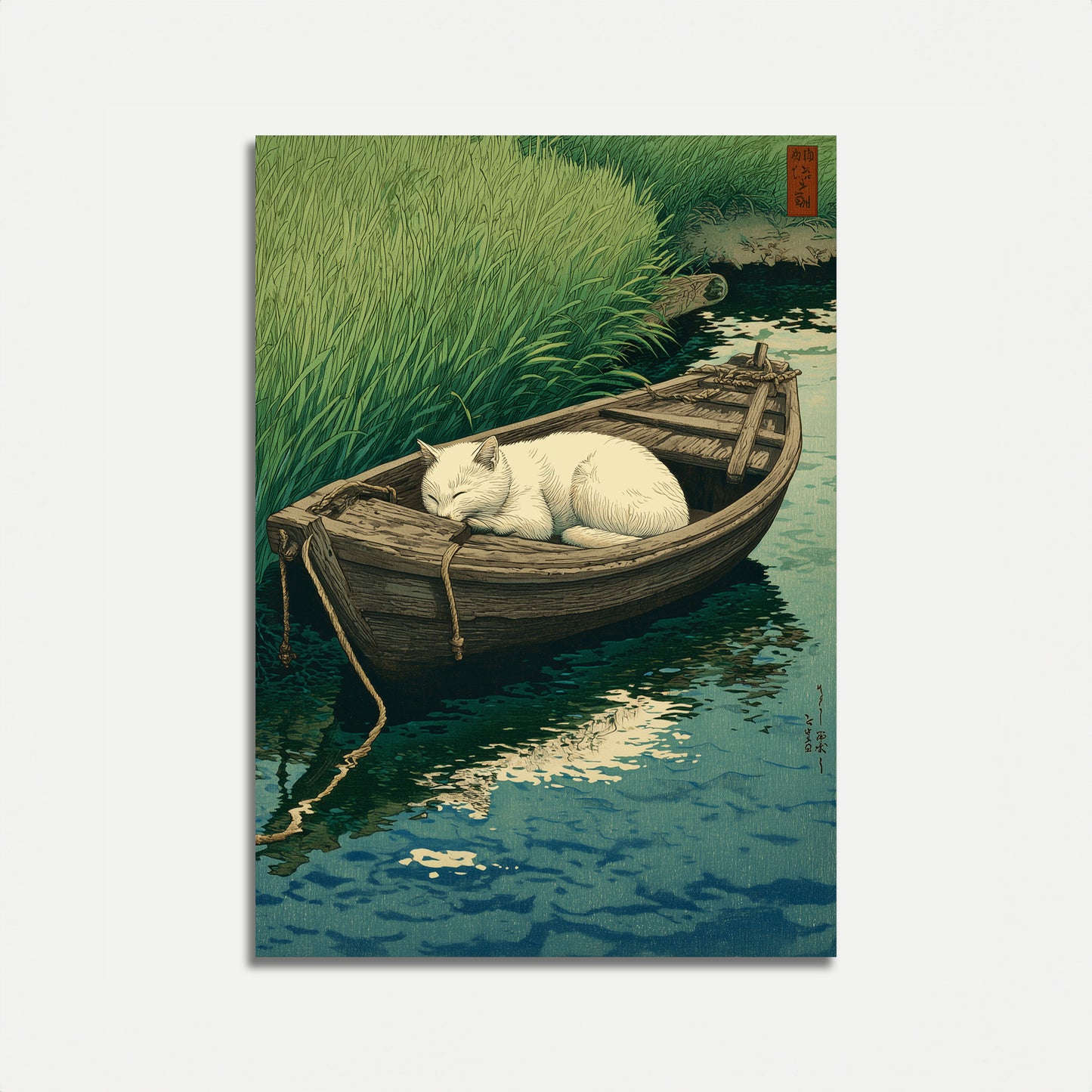 White Cat in Wooden Boat Poster