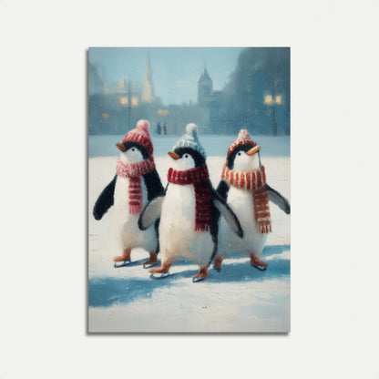 Póster de invierno de los pingüinos patinadores