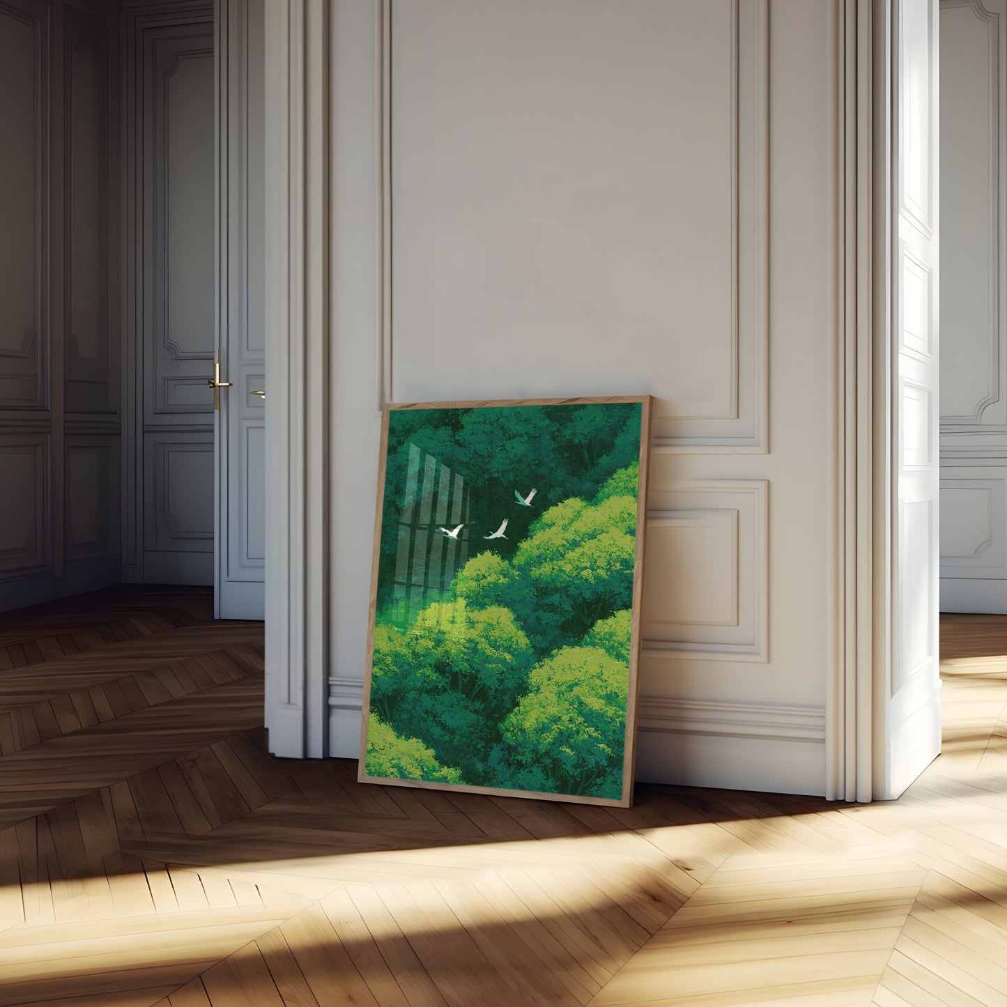 Birds Over Lush Forest Poster