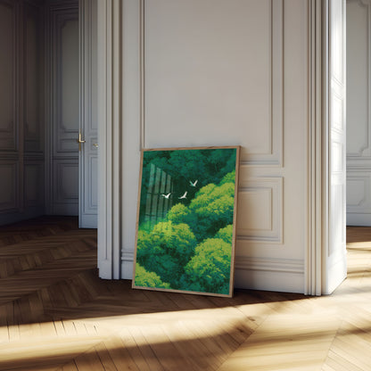 Birds Over Lush Forest Poster
