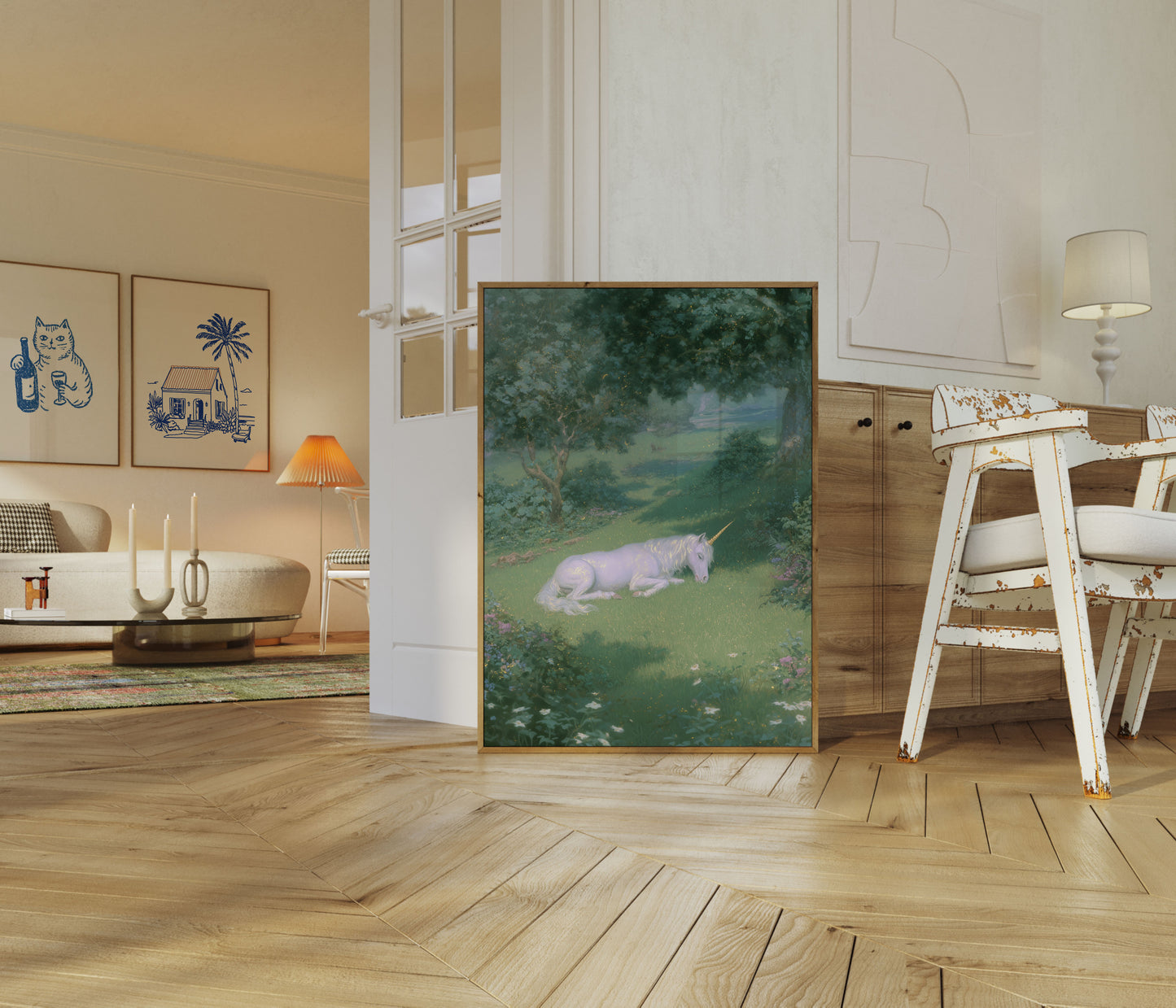 Unicorno in riposo nella Foresta Incantata Poster