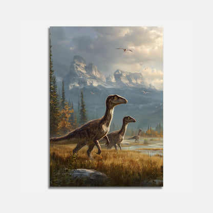Póster de velociraptor de montaña prehistórico