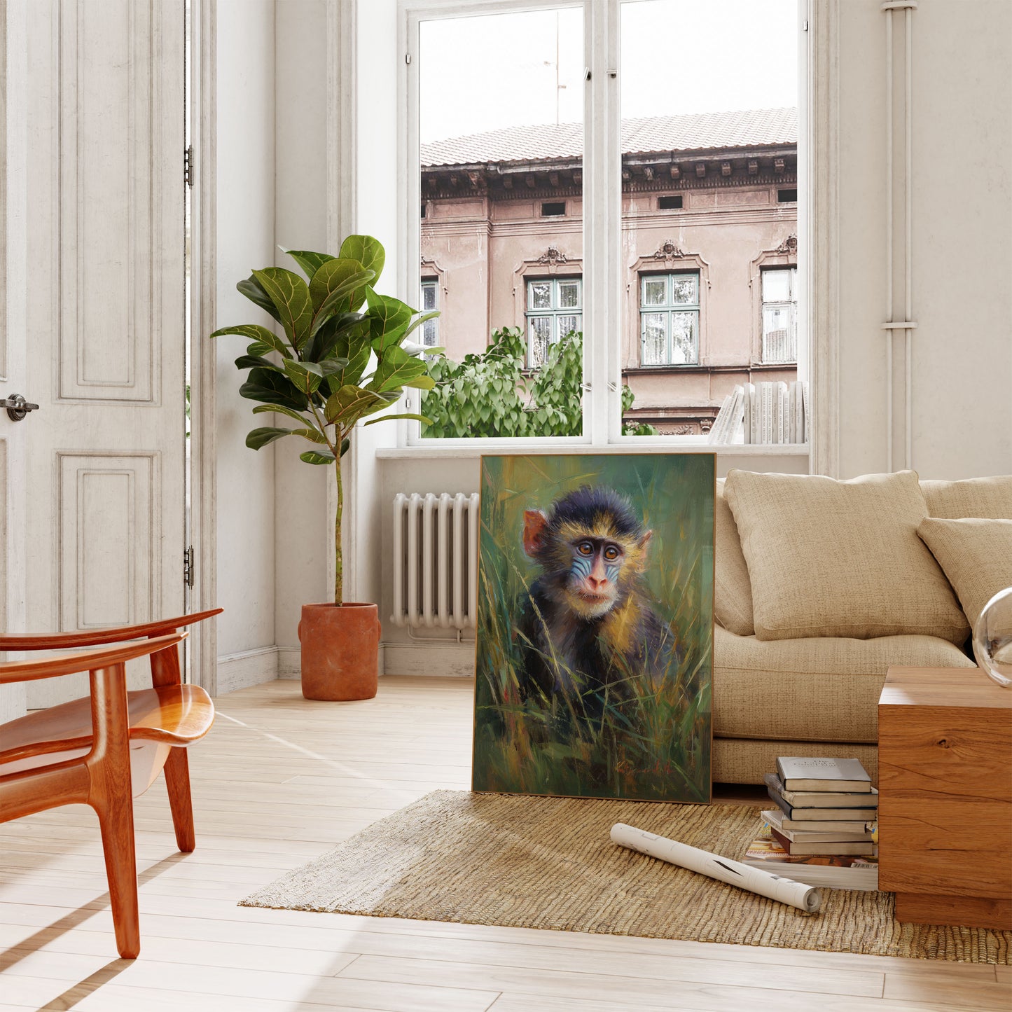 Affe in goldener Grassteppe Plakat