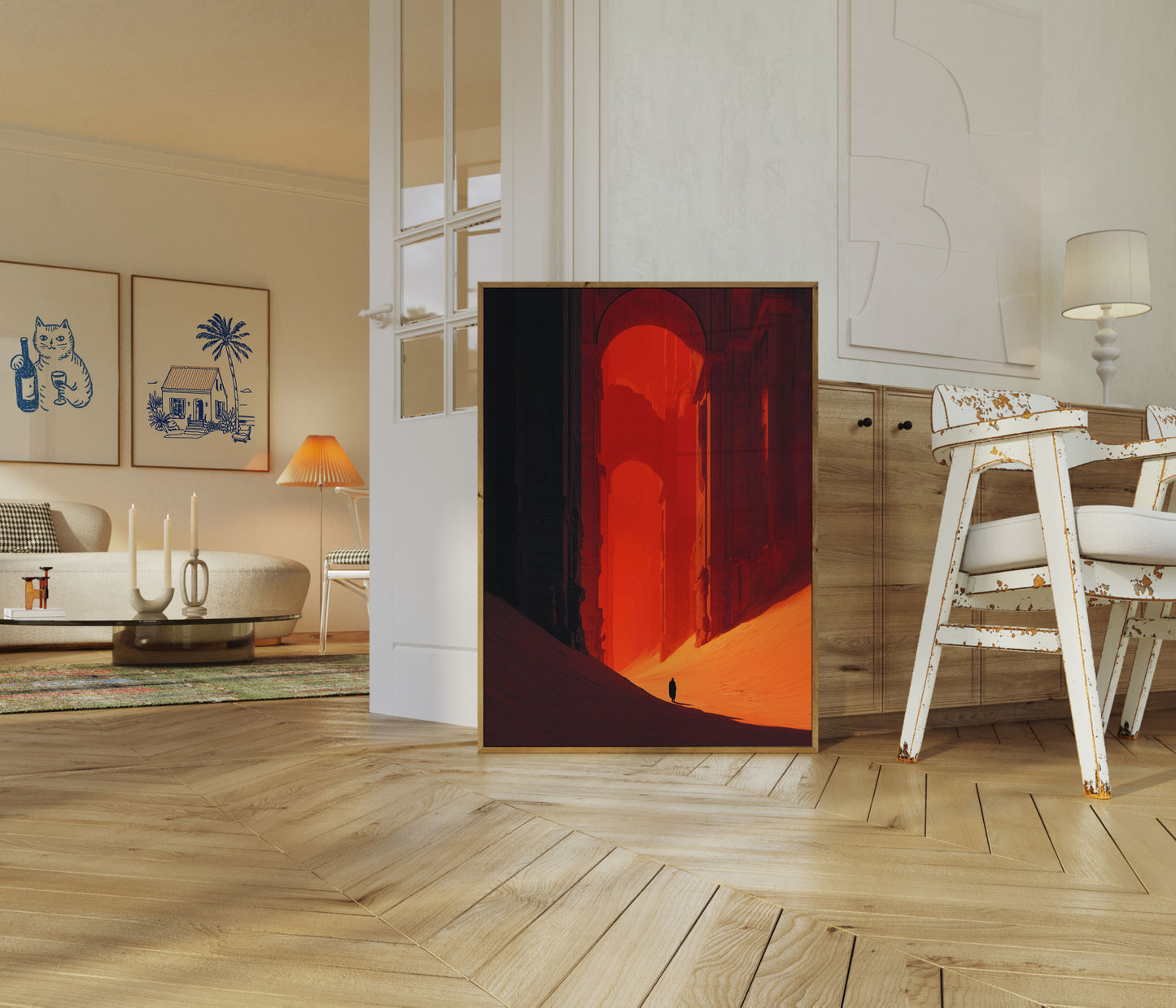 Eenzame Figuur in Rode Passage Poster