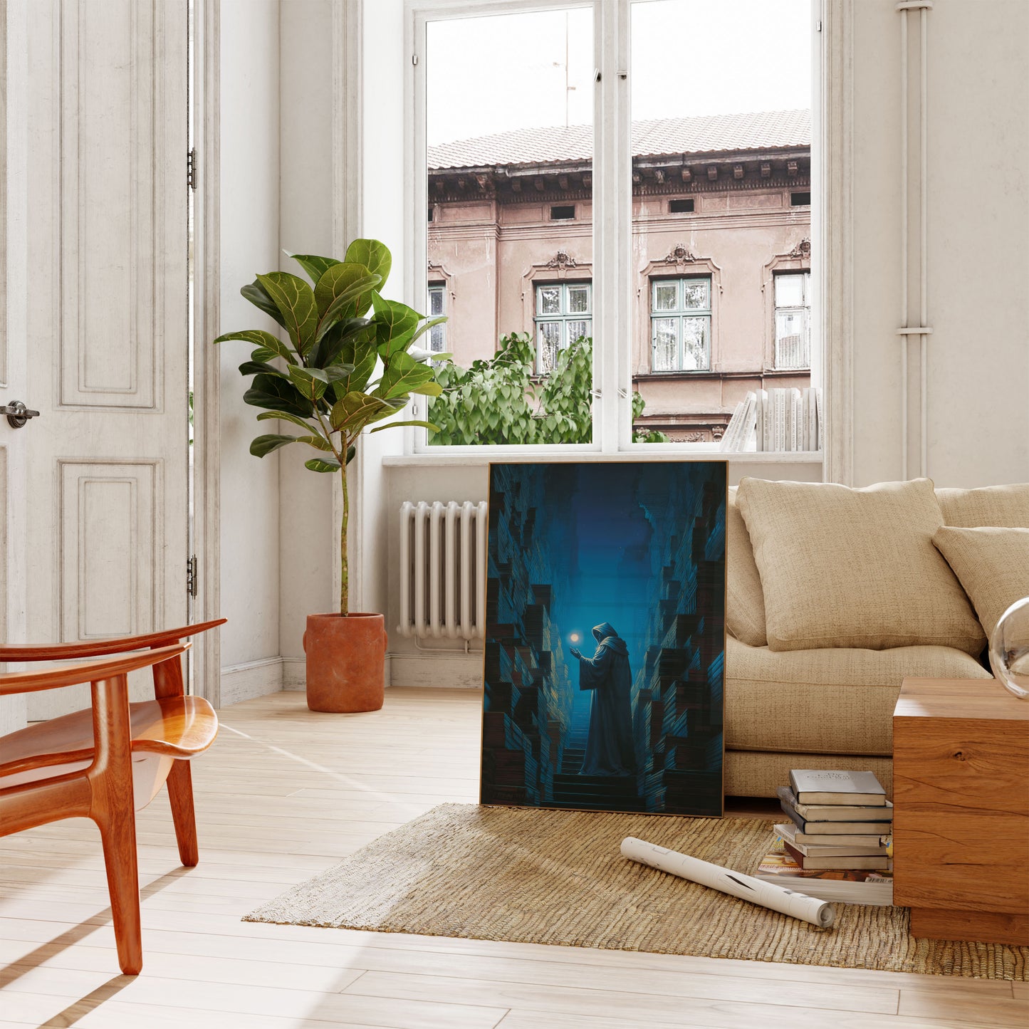 Mystical Monk in Cityscape Poster