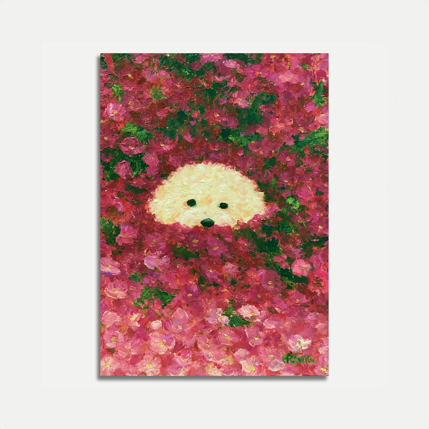Fluffy Dog in Flower Garden Poster