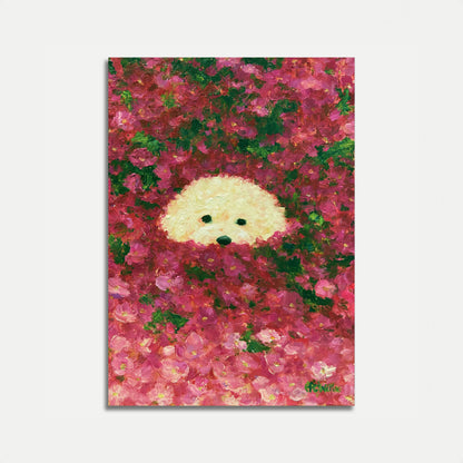 Fluffy Dog in Flower Garden Poster