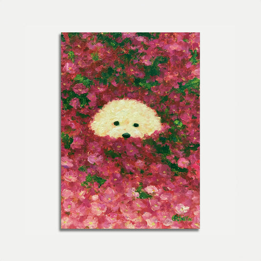Fluffy Dog in Flower Garden Poster