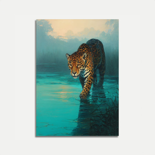 Affiche Jaguar Traversant les Eaux Turquoise