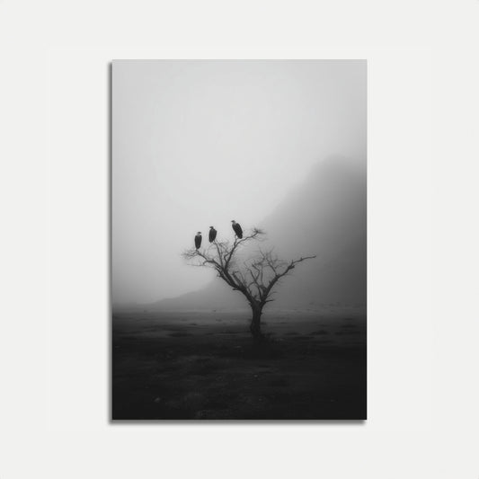 Pájaros brumosos en cartel de árbol estéril