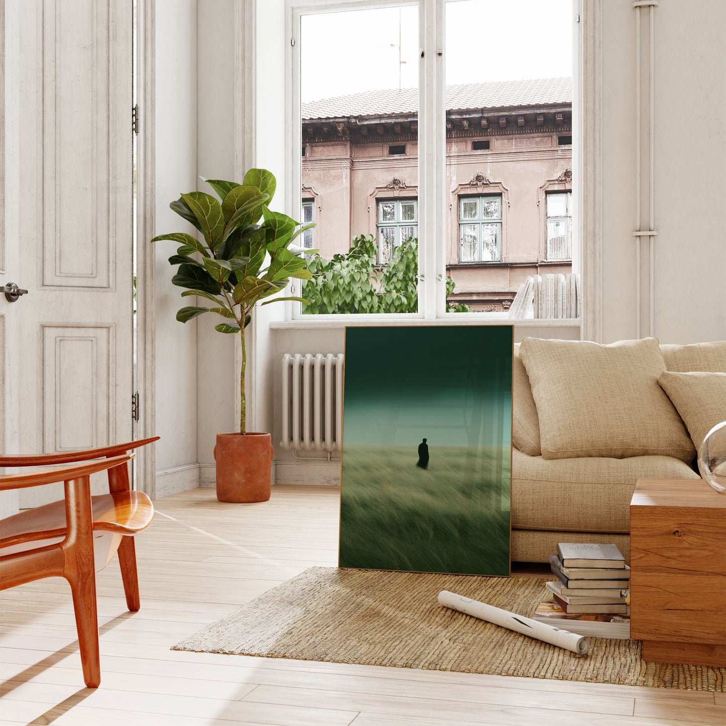 Einzelne Figur auf Poster in windiger Graslandschaft