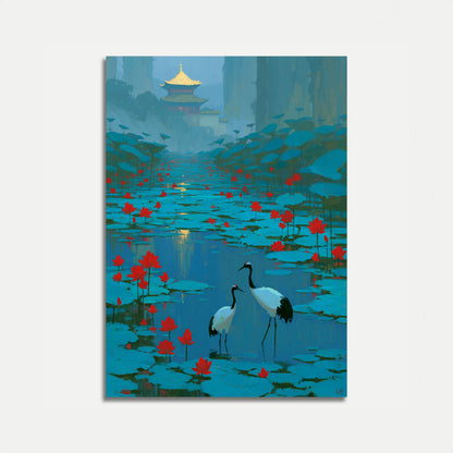 Cranes in the Lotus Pond Poster