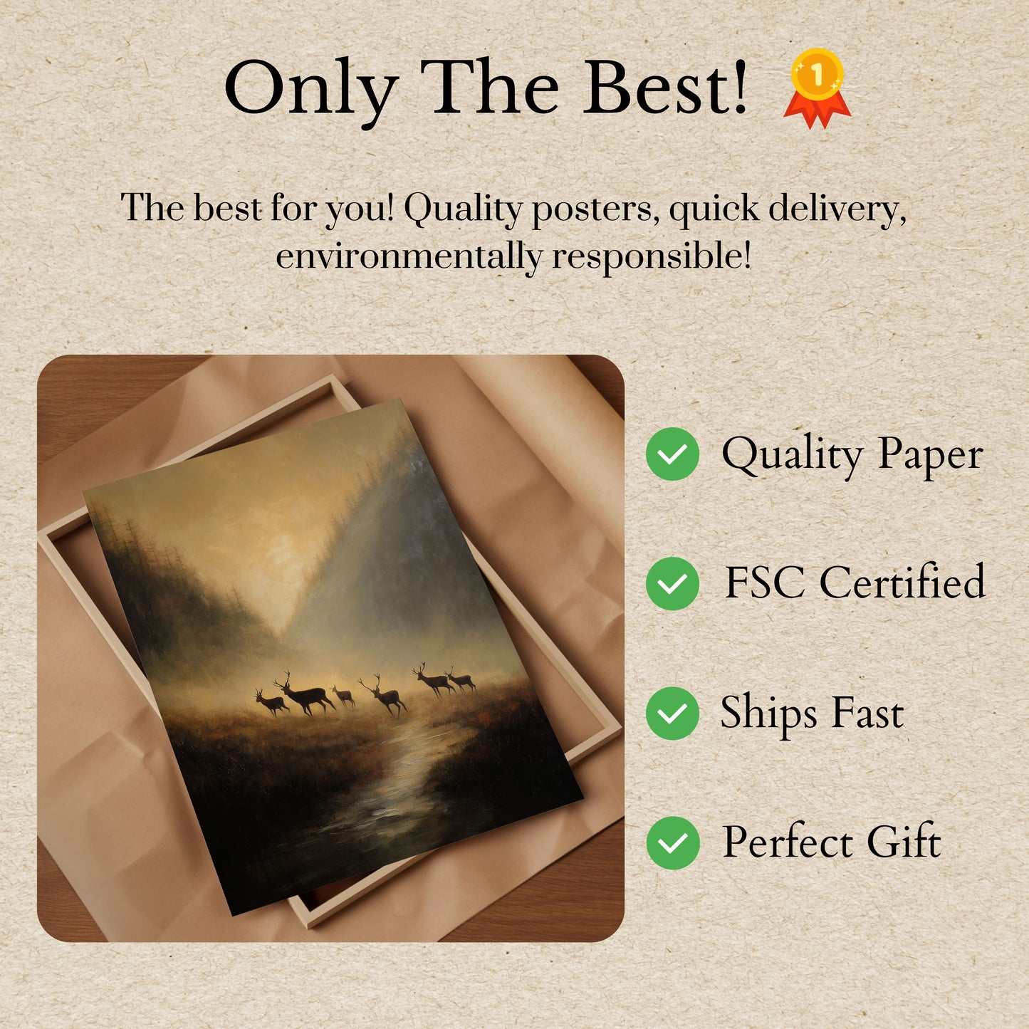 Hertenkudde in Mistig Bos Poster