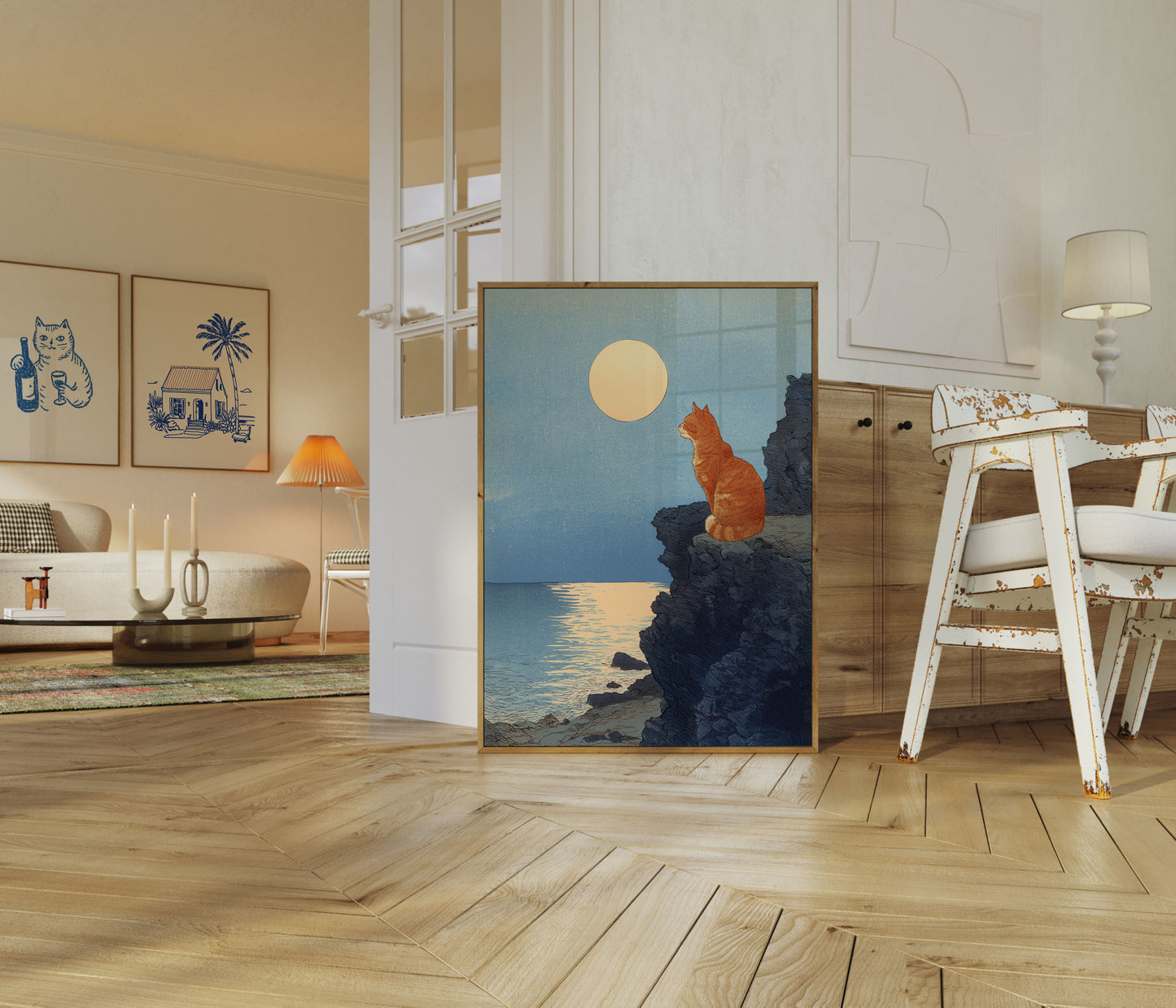 Póster de Gato Naranja en Acantilados a la Luz de la Luna