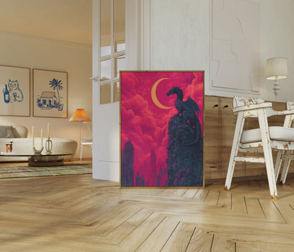 Póster del paisaje urbano del Dragón Luna Carmesí