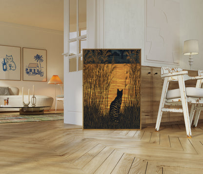 Cat Watching Golden Sunset Poster