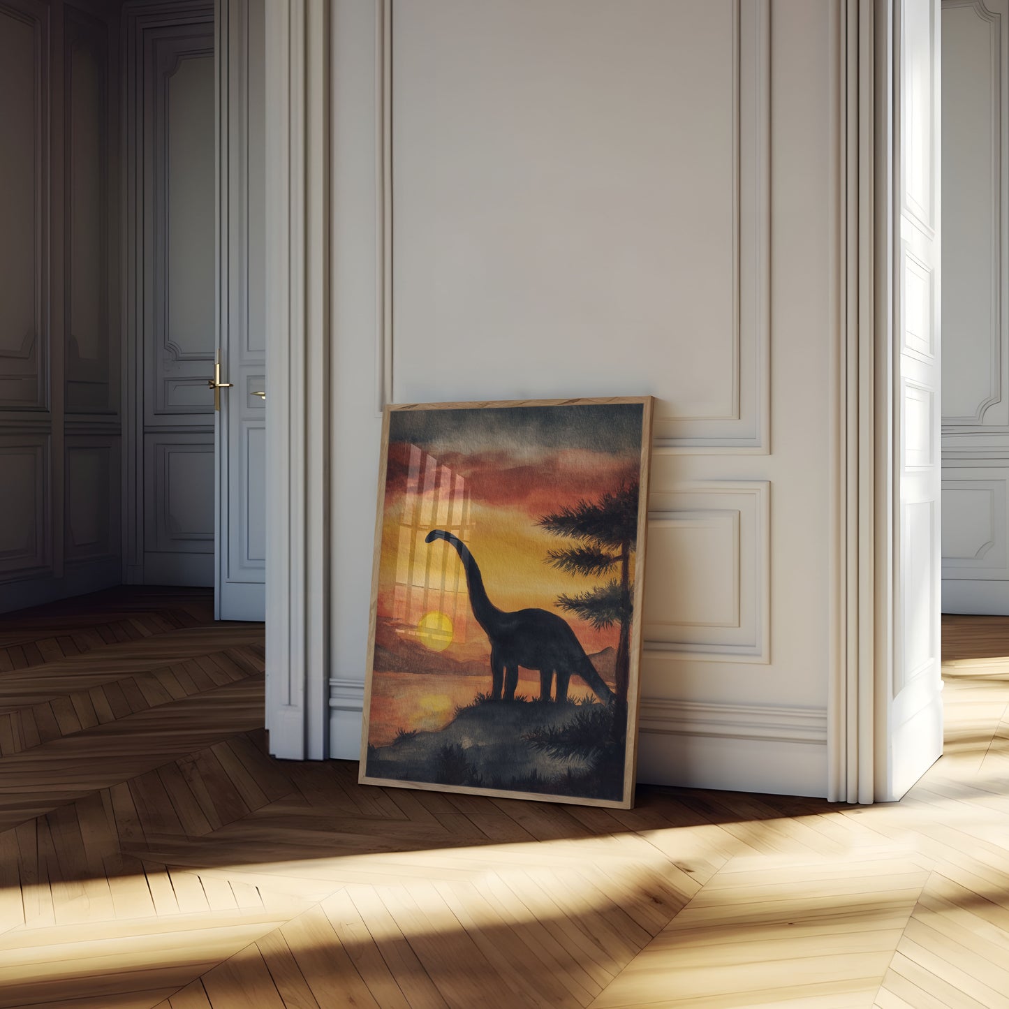 Póster de dinosaurios al atardecer en la naturaleza