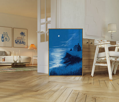 Moonlit Coastal Cottage Poster