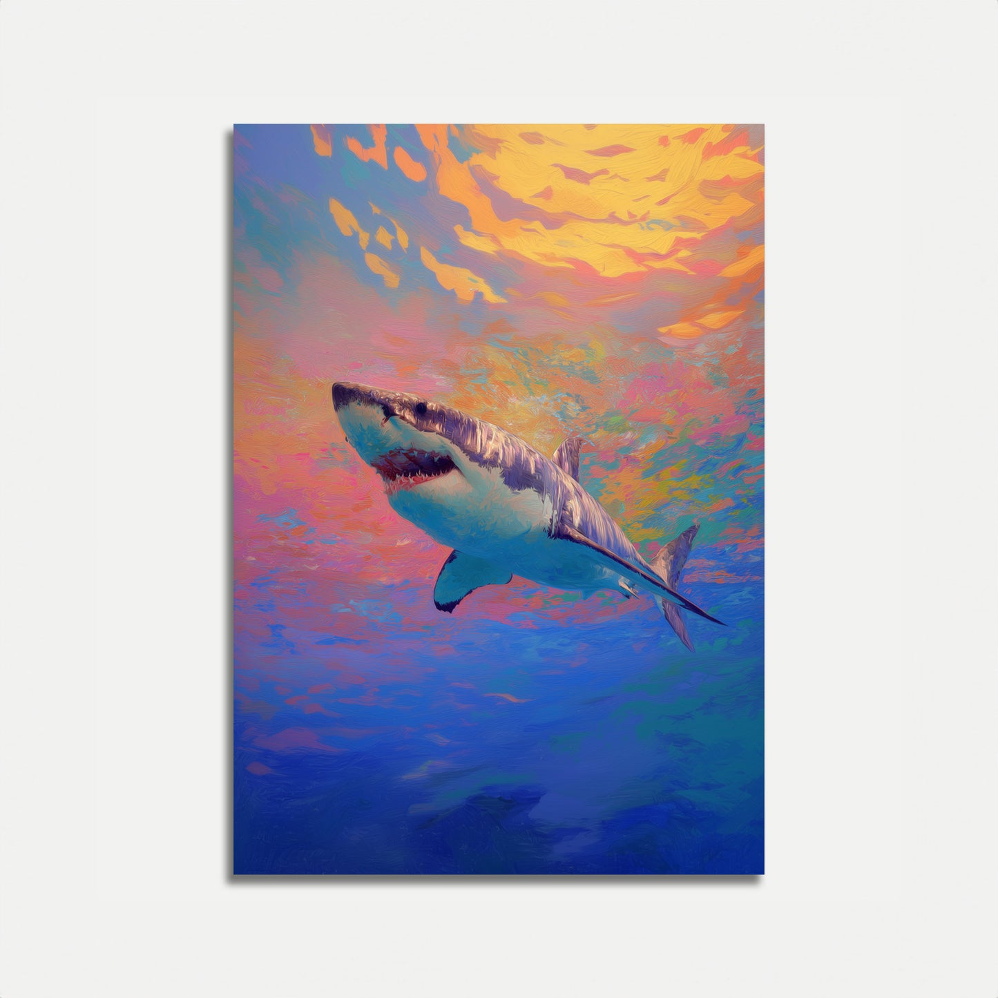 Vibrant Shark Ocean Sunset Poster