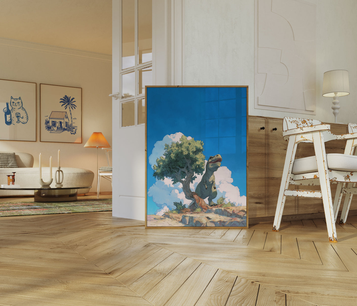 Póster de dinosaurio y árbol antiguo