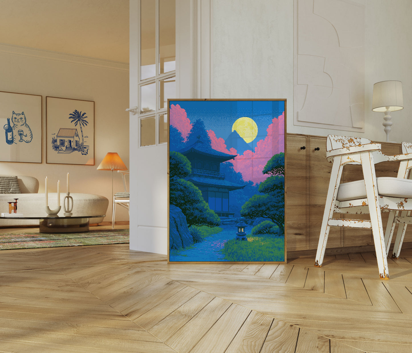 Moonlit Asian Temple Garden Poster
