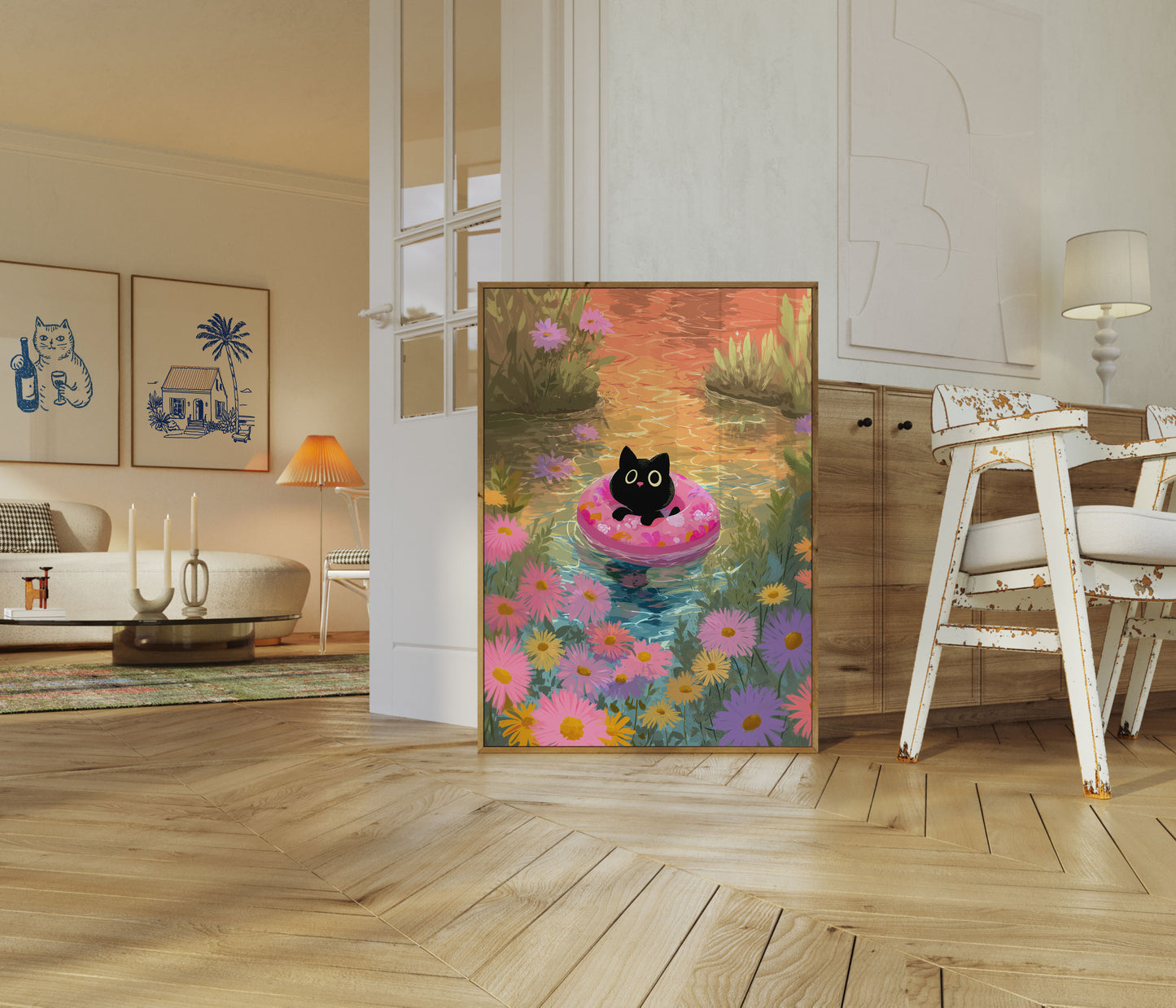 Cute Cat Floating Flower Poster