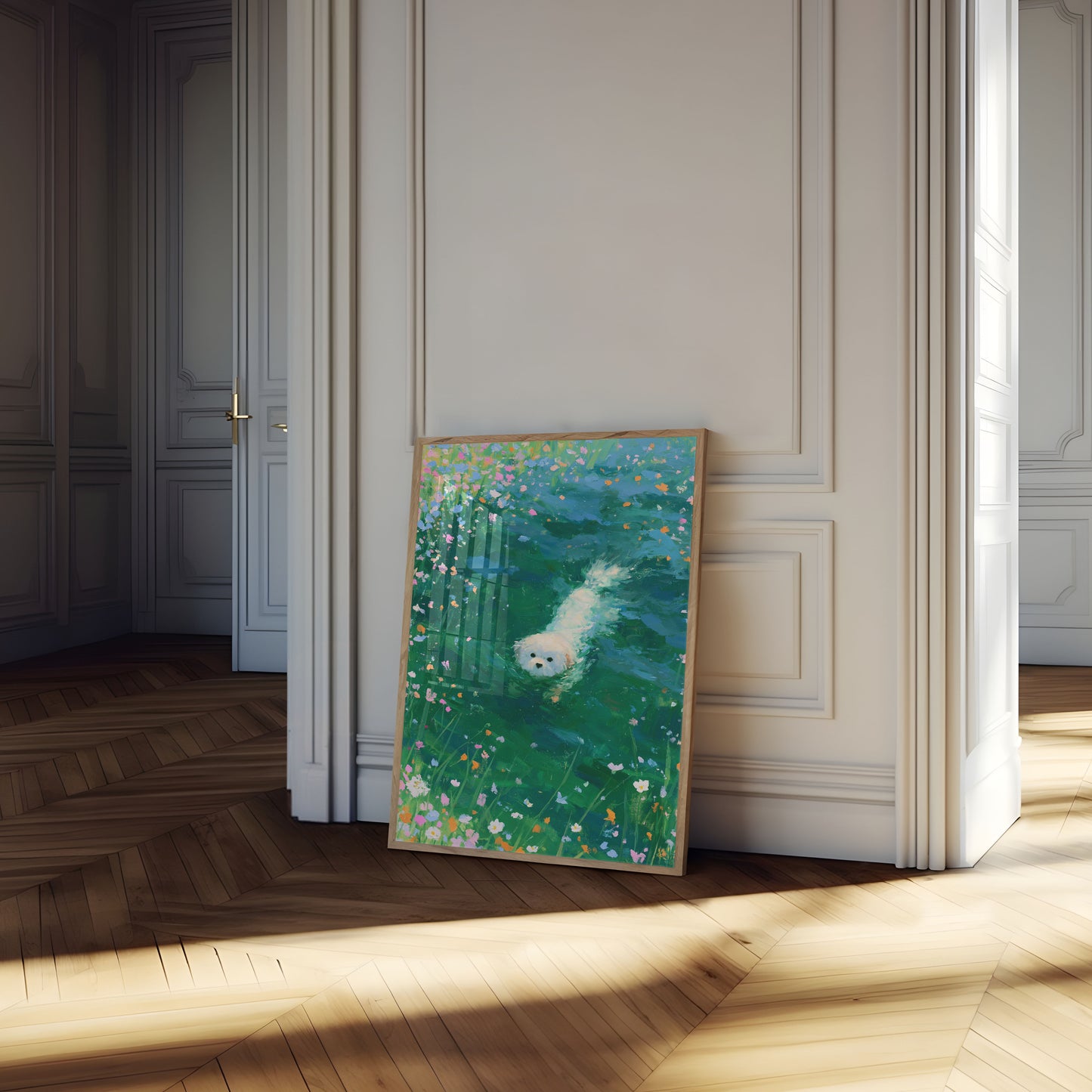 Hvit hund svømmer i blomster plakat