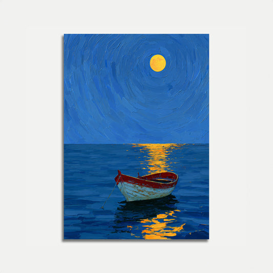 Månebelyst båd på blåt vand plakat