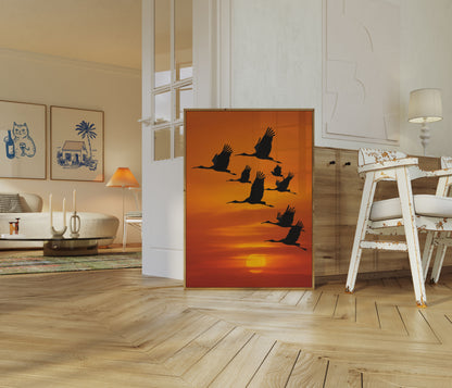 Póster de Grúas Volando al Atardecer