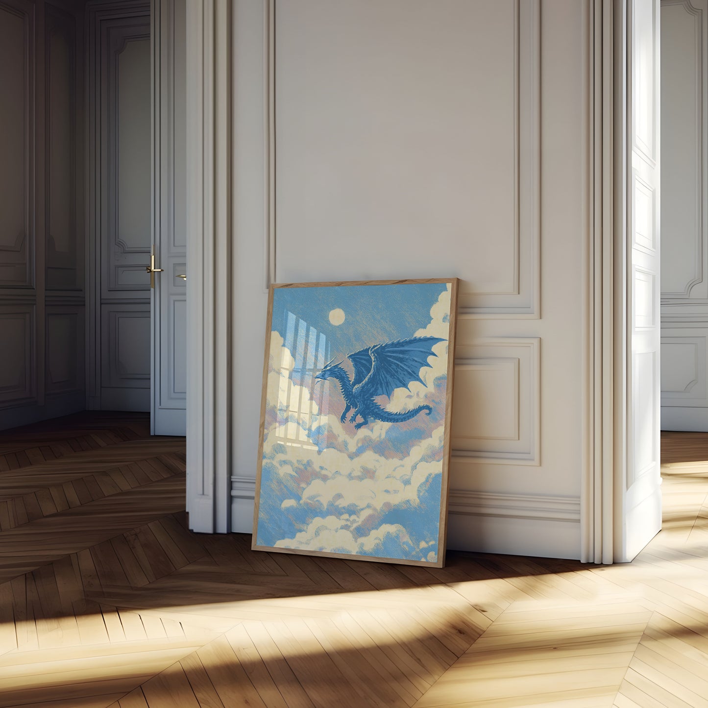 Blauer Drache segelt durch Wolken Poster