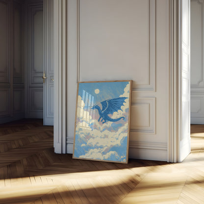 Blauer Drache segelt durch Wolken Poster