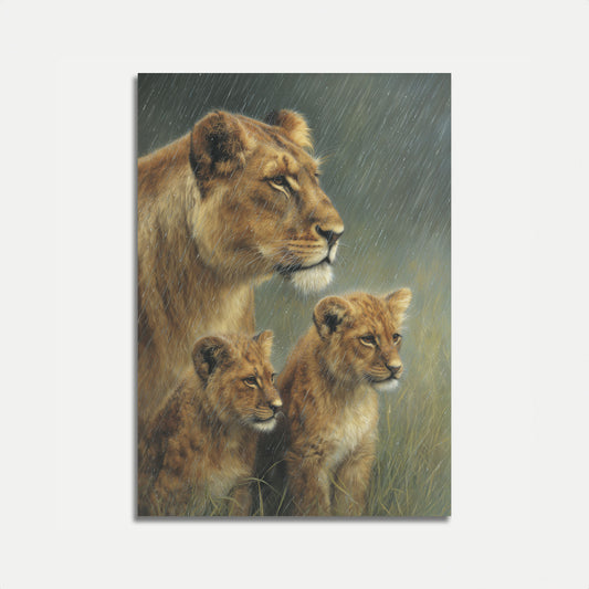 Lioness and Cubs in Rain Poster