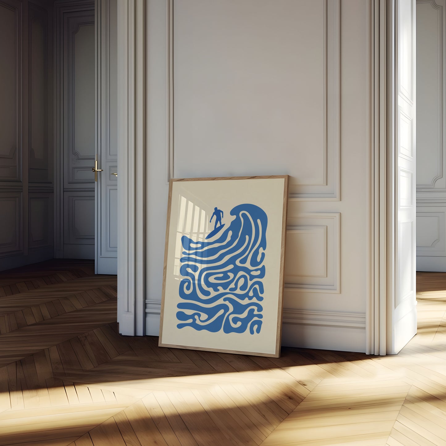 Plakat Surfera Jadącego na Falach Oceanu