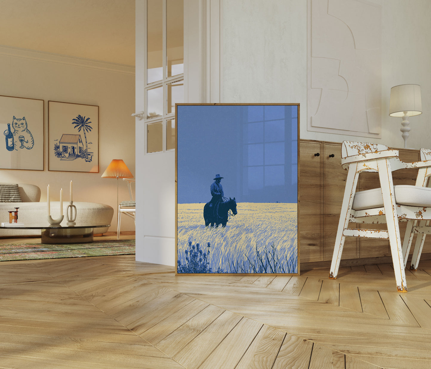 Poster: Cowboy a cavallo in campi dorati