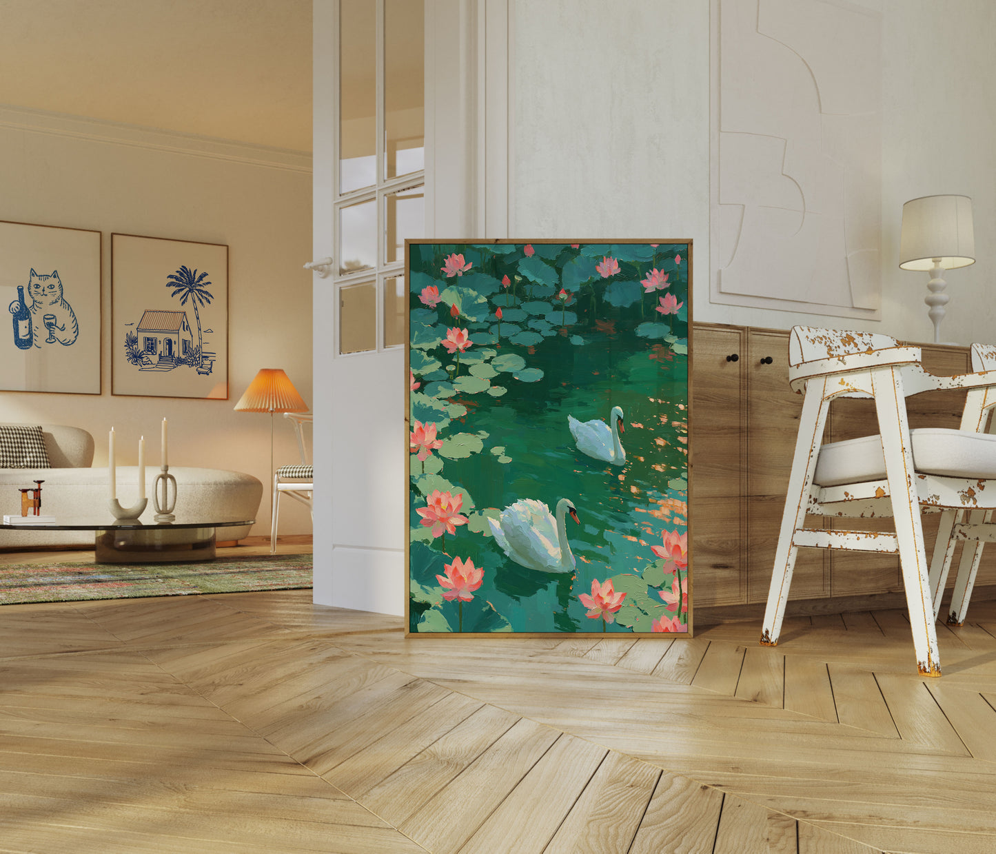 Swans and Lotus Flowers Poster