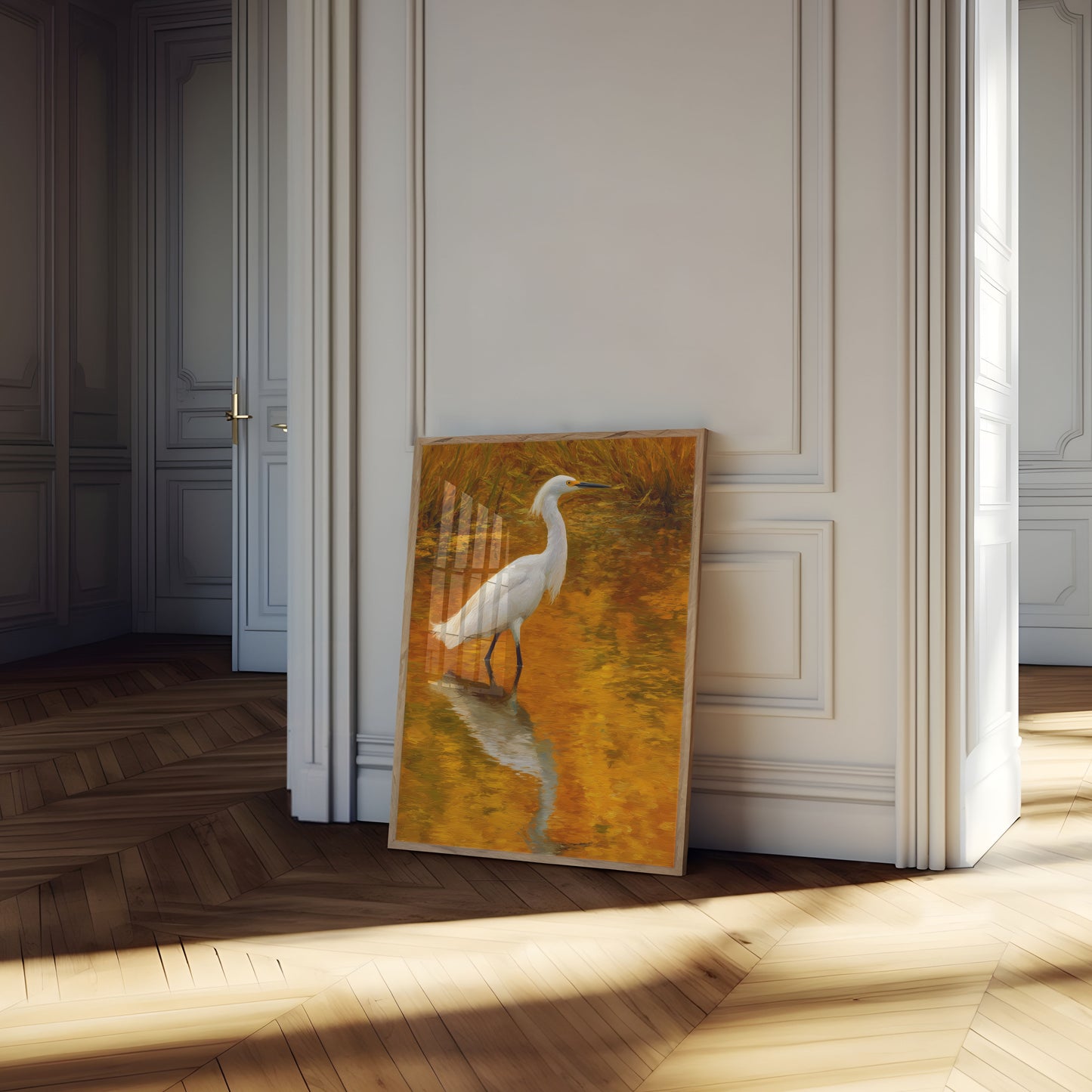 White Heron in Golden Waters Poster