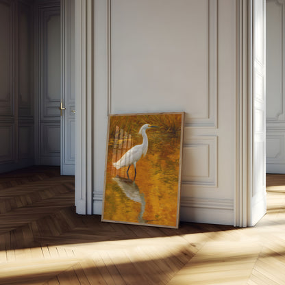 White Heron in Golden Waters Poster
