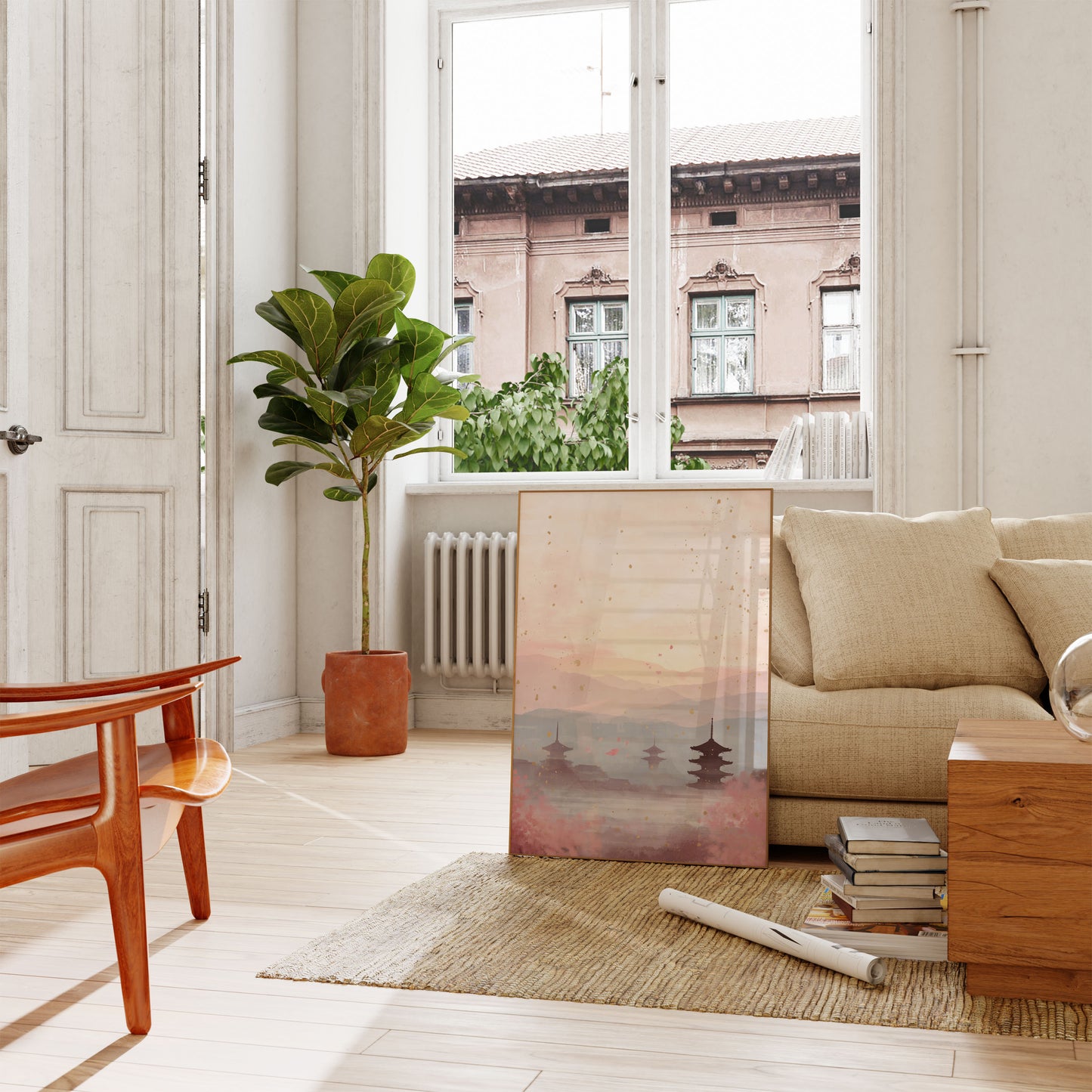 Póster del atardecer en flor de cerezo en Kioto