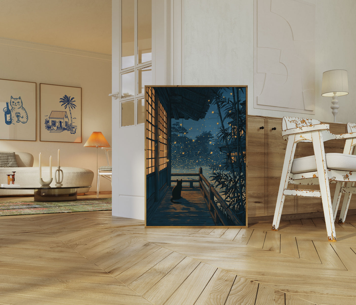 Katte Ser Ildfluer Om Natten Plakat